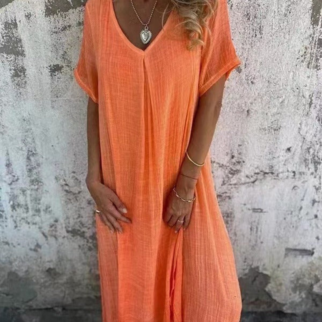 NOUVEAU RICHE Kleid Aus Baumwolle Und Leinen V Ausschnitt Leicht Luftig Orange S