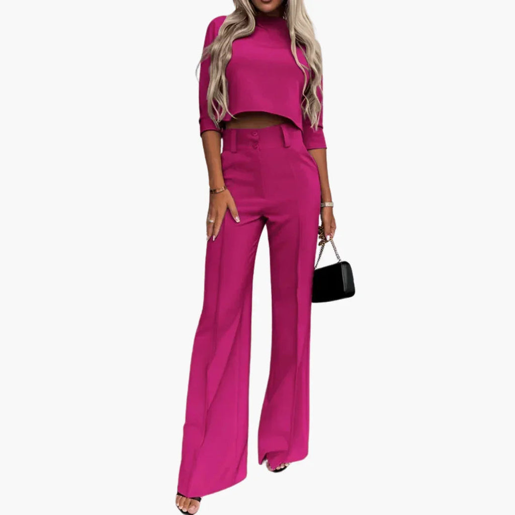 NOUVEAU RICHE Zweiteiler Damen Crop Top Set Weite Hose Hohe Taille Sommer Fuchsia