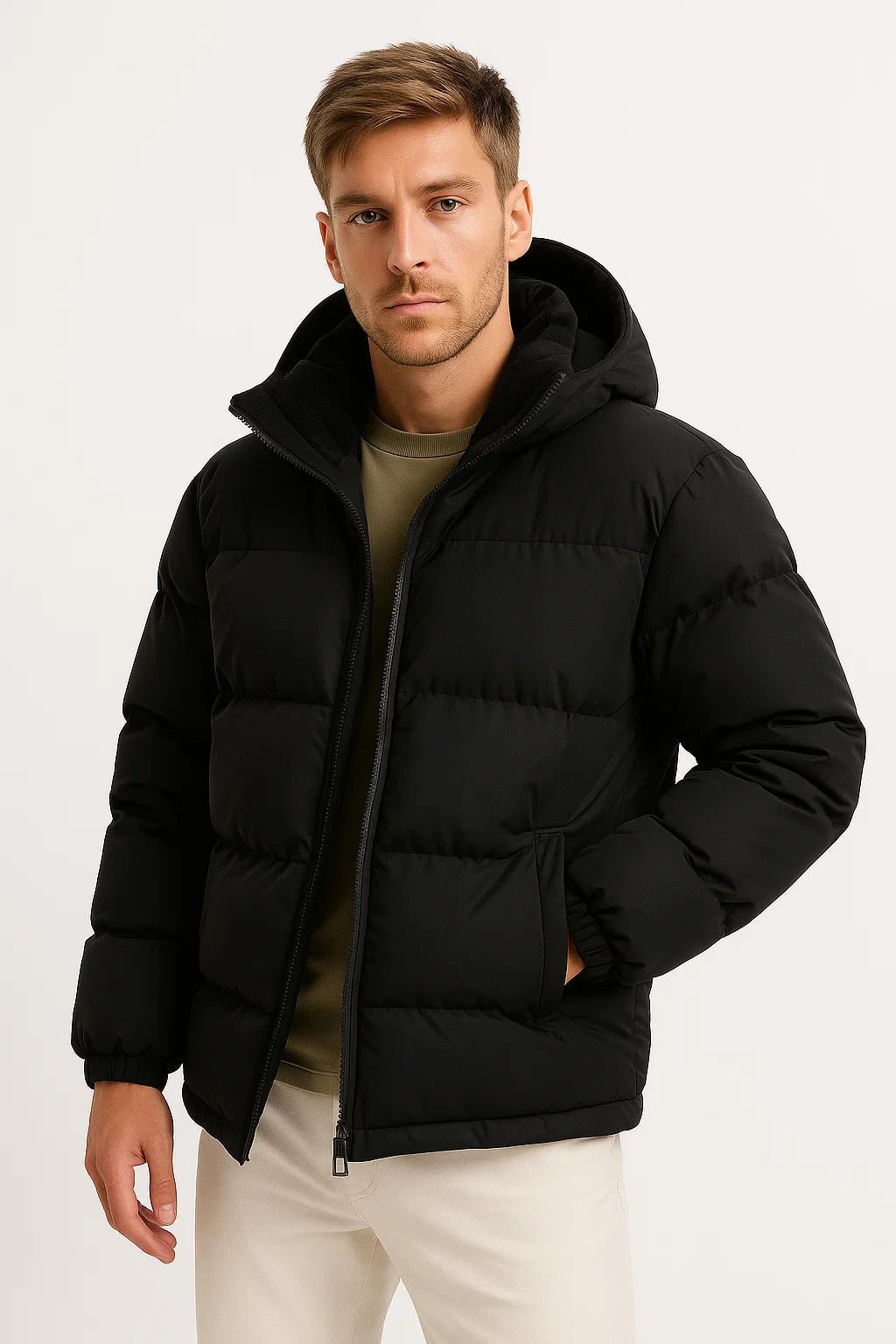 NOUVEAU RICHE Winterjacke Herren mit Kapuze – Leicht wattierte Jacke mit Reissverschluss & Seitentaschen, 5 Farben, S-3XL – Mane Schwarz