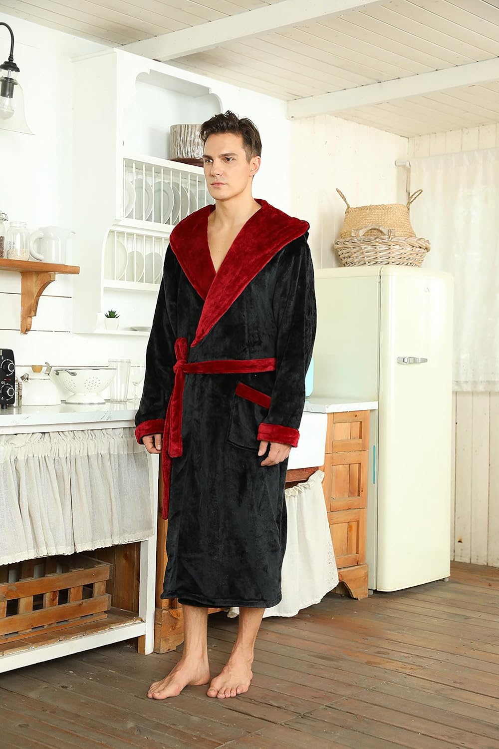 NOUVEAU RICHE Fleece Bademantel Herren mit Kapuze – Weicher zweifarbiger Morgenmantel mit Taschen & Gürtel, waschbar, S–3XL – Calico
