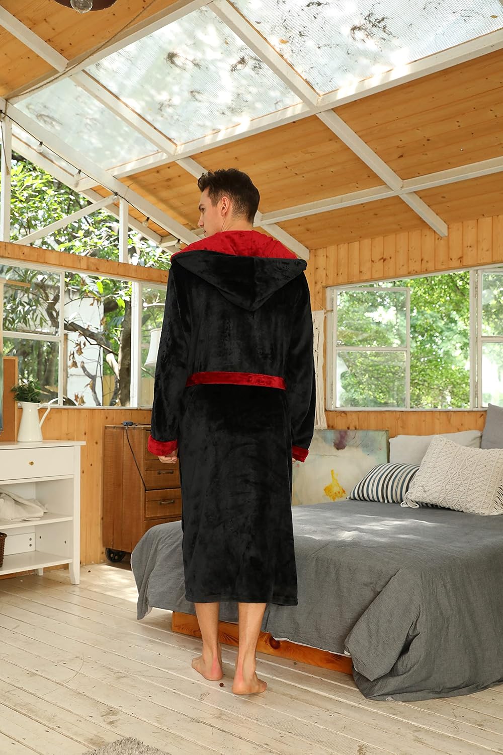 NOUVEAU RICHE Fleece Bademantel Herren mit Kapuze – Weicher zweifarbiger Morgenmantel mit Taschen & Gürtel, waschbar, S–3XL – Calico