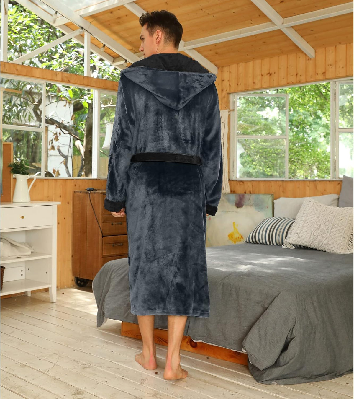 NOUVEAU RICHE Fleece Bademantel Herren mit Kapuze – Weicher zweifarbiger Morgenmantel mit Taschen & Gürtel, waschbar, S–3XL – Calico