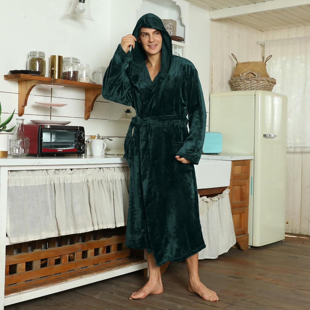 NOUVEAU RICHE Fleece Bademantel Herren mit Kapuze – Weicher zweifarbiger Morgenmantel mit Taschen & Gürtel, waschbar, S–3XL – Calico