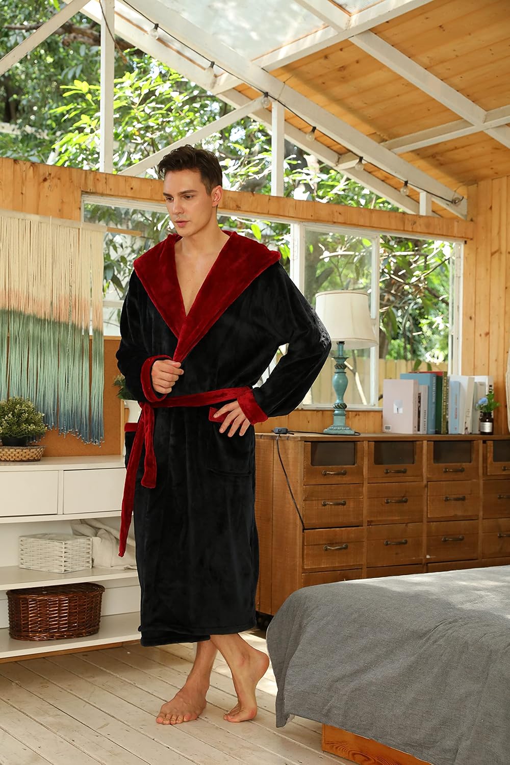 NOUVEAU RICHE Fleece Bademantel Herren mit Kapuze – Weicher zweifarbiger Morgenmantel mit Taschen & Gürtel, waschbar, S–3XL – Calico