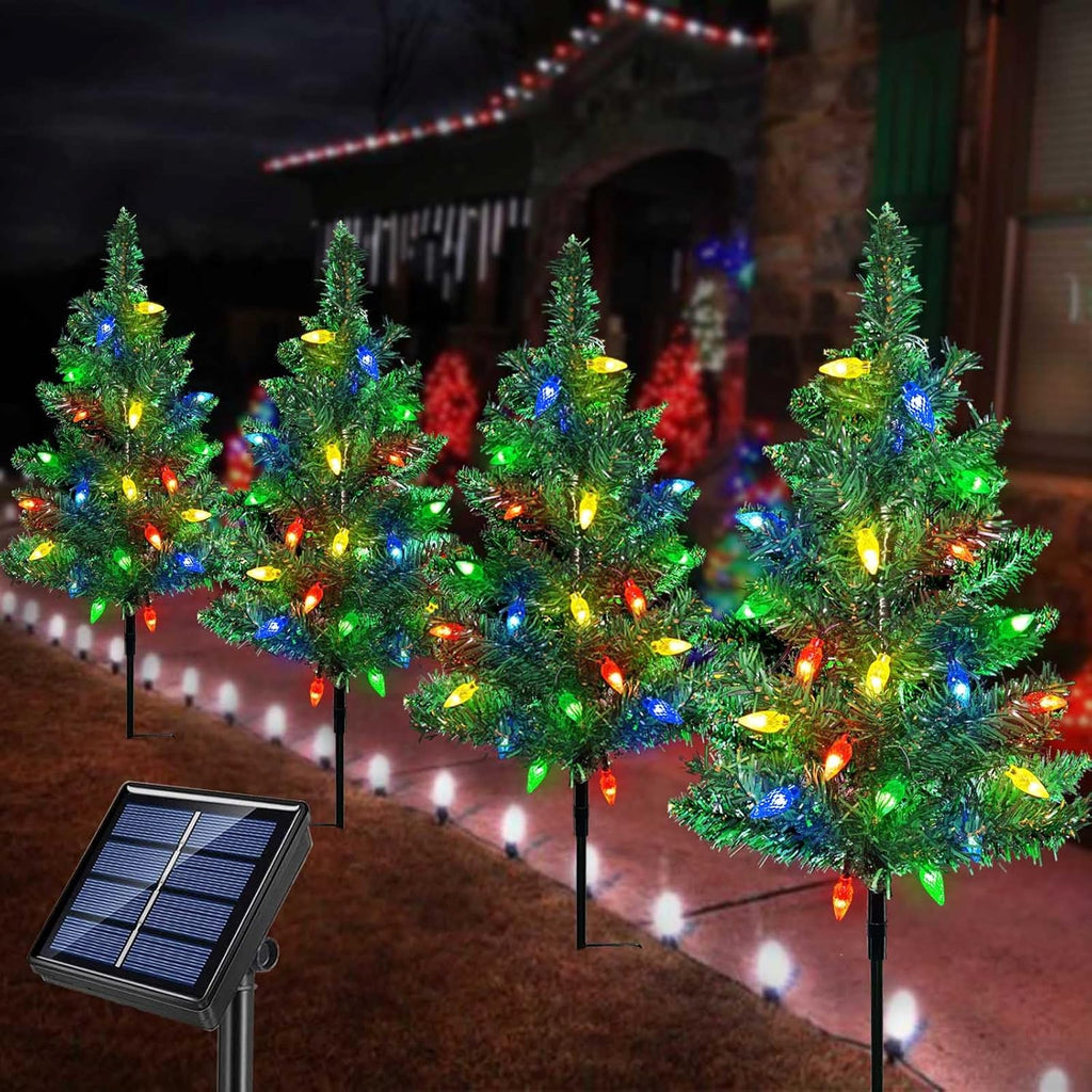 NOUVEAU RICHE Solar-Weihnachtsbaum-Wegleuchten – 4er-Set Solar Gartenleuchten Tannenbaum, Wasserdicht, Dämmerungssensor – EcoTreeLights