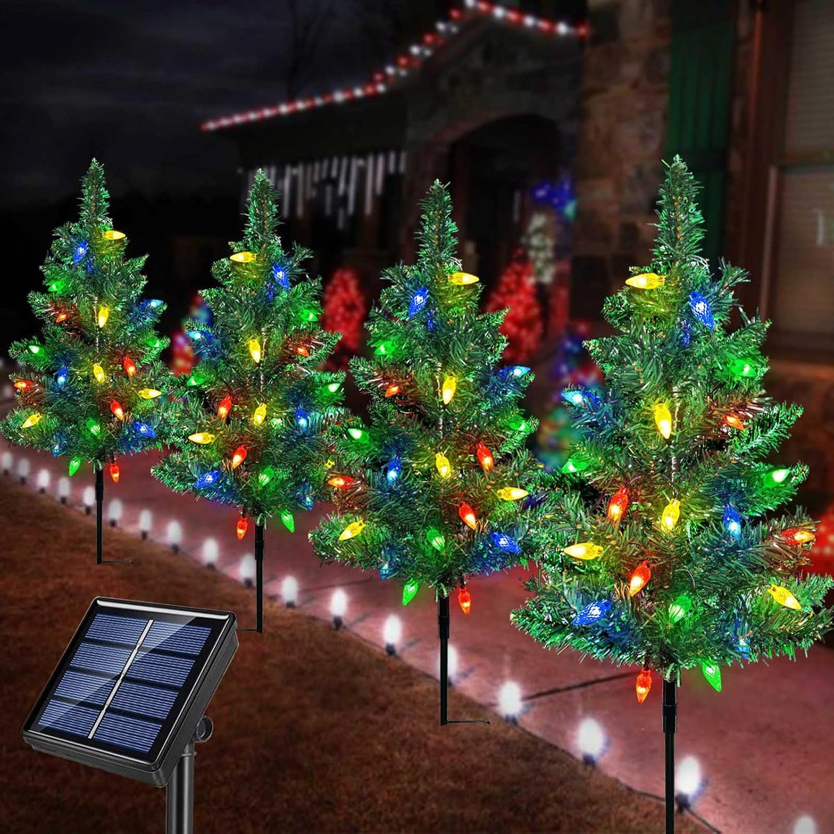NOUVEAU RICHE Solar-Weihnachtsbaum-Wegleuchten – 4er-Set Solar Gartenleuchten Tannenbaum, Wasserdicht, Dämmerungssensor – EcoTreeLights