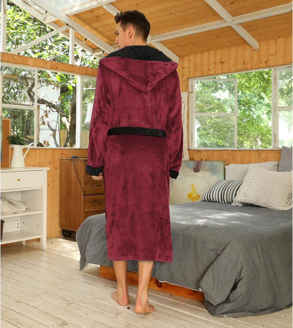 NOUVEAU RICHE Fleece Bademantel Herren mit Kapuze – Weicher zweifarbiger Morgenmantel mit Taschen & Gürtel, waschbar, S–3XL – Calico