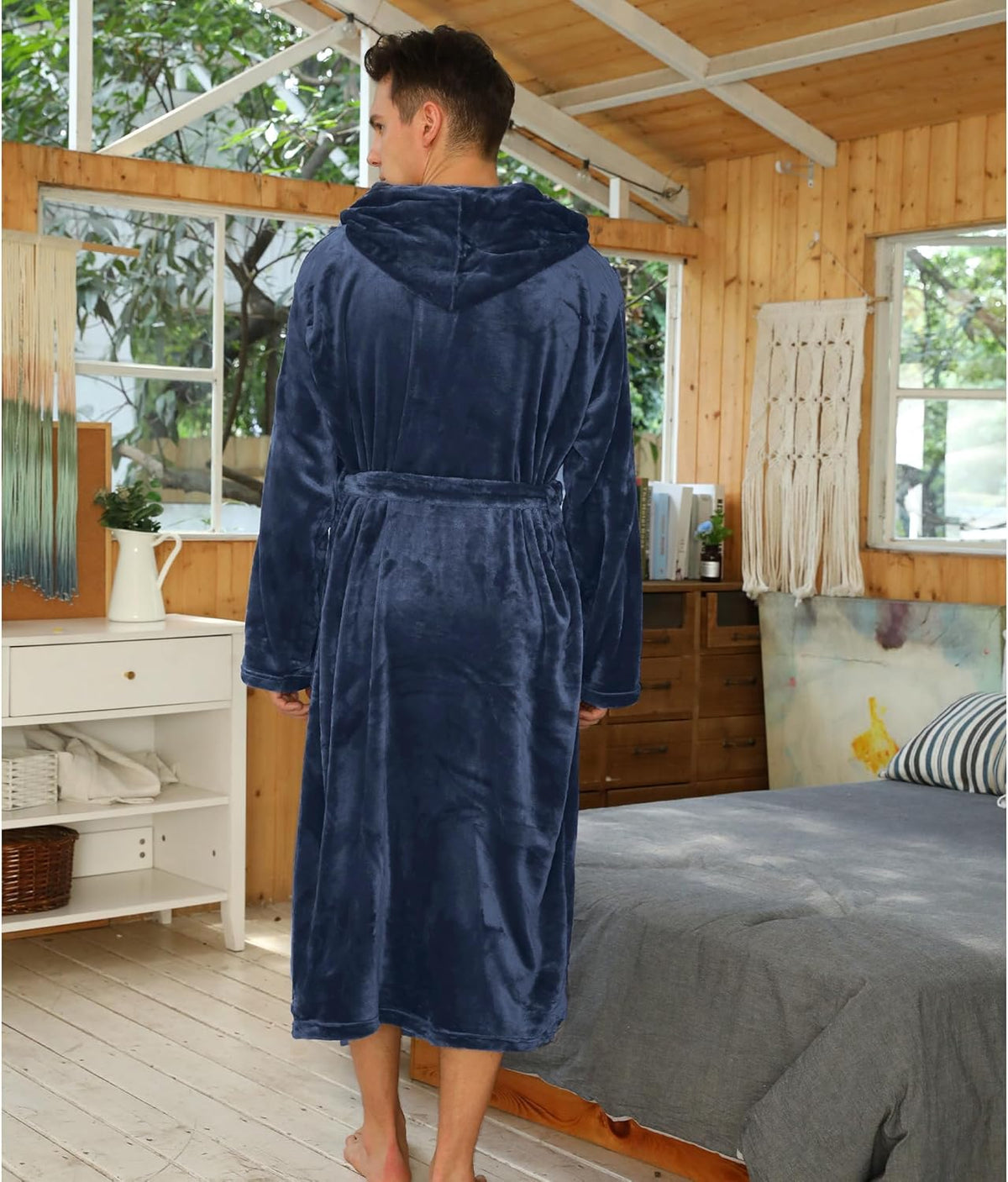 NOUVEAU RICHE Fleece Bademantel Herren mit Kapuze – Weicher zweifarbiger Morgenmantel mit Taschen & Gürtel, waschbar, S–3XL – Calico