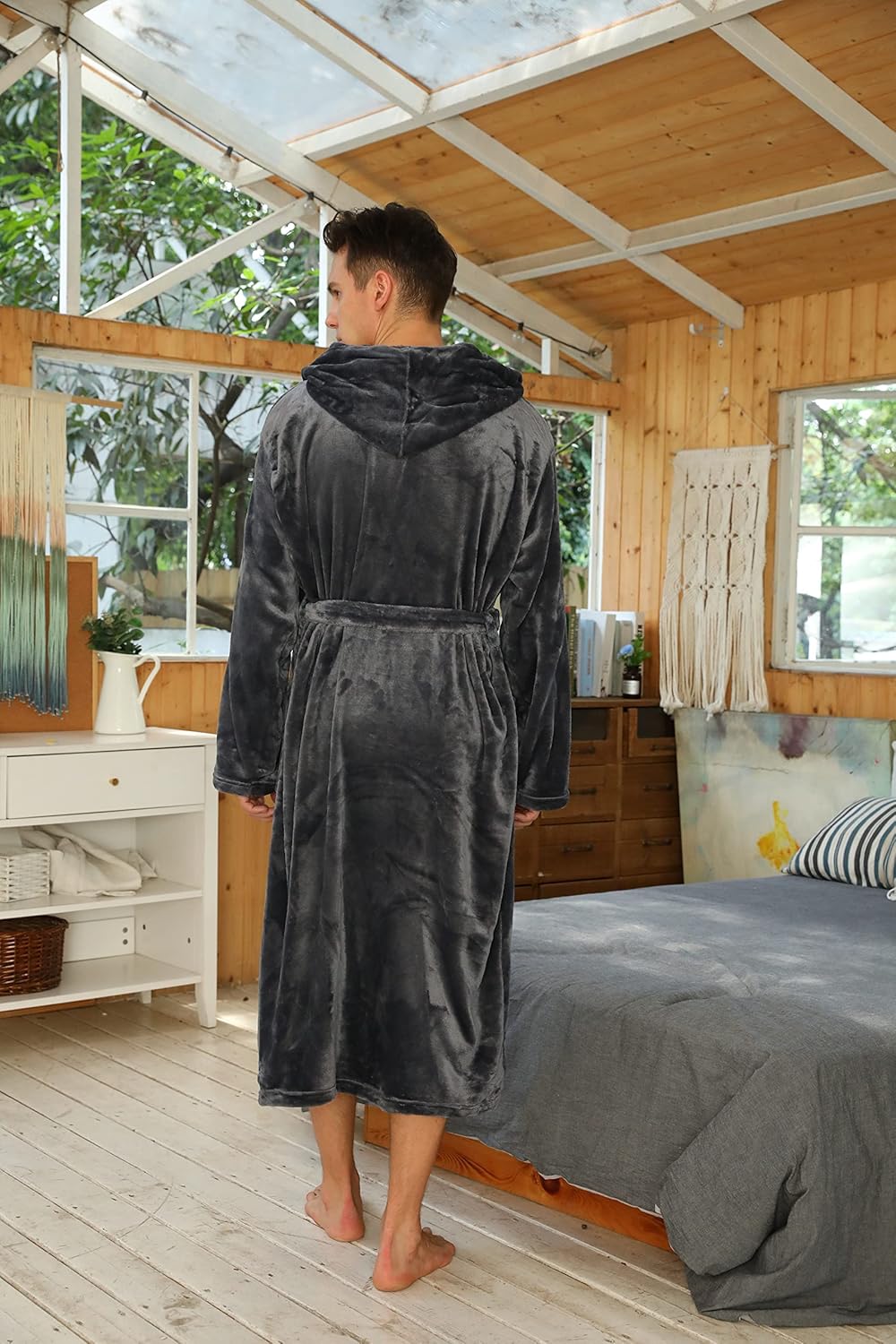 NOUVEAU RICHE Fleece Bademantel Herren mit Kapuze – Weicher zweifarbiger Morgenmantel mit Taschen & Gürtel, waschbar, S–3XL – Calico