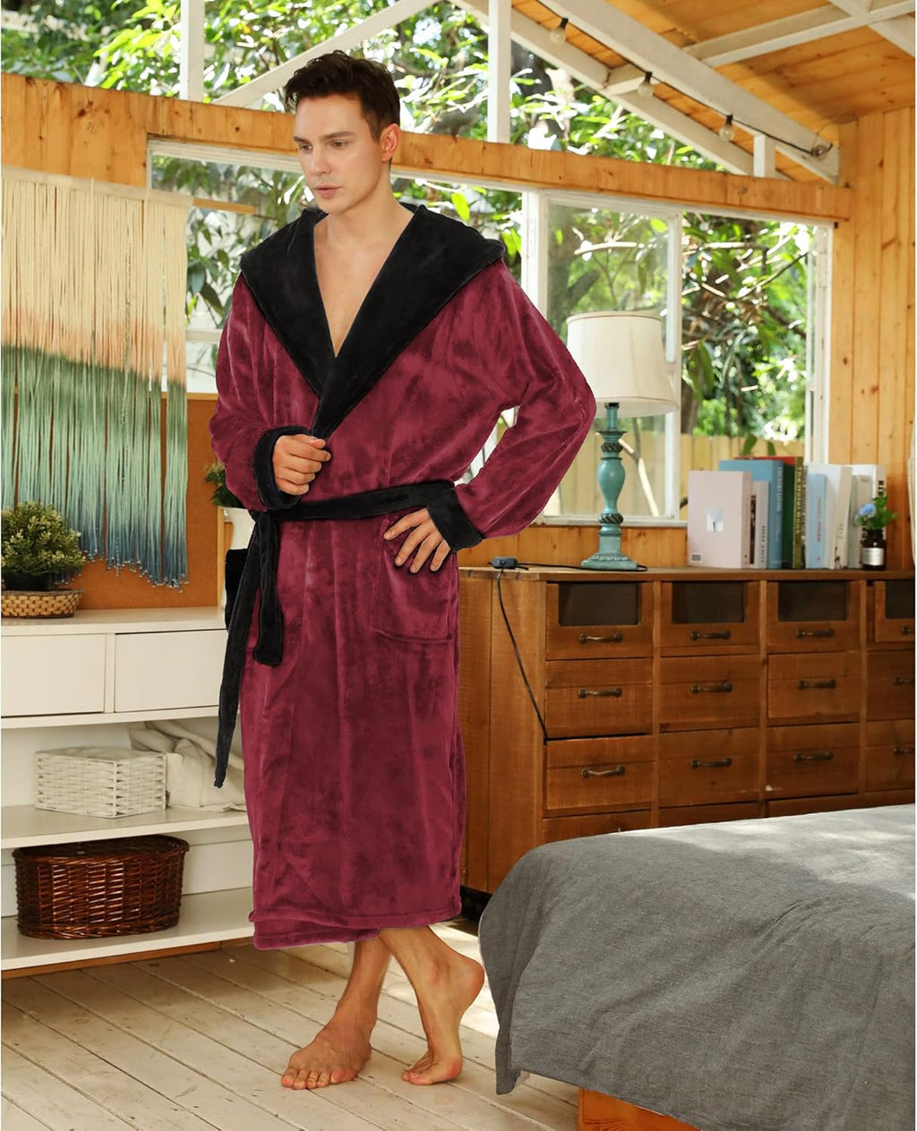 NOUVEAU RICHE Fleece Bademantel Herren mit Kapuze – Weicher zweifarbiger Morgenmantel mit Taschen & Gürtel, waschbar, S–3XL – Calico