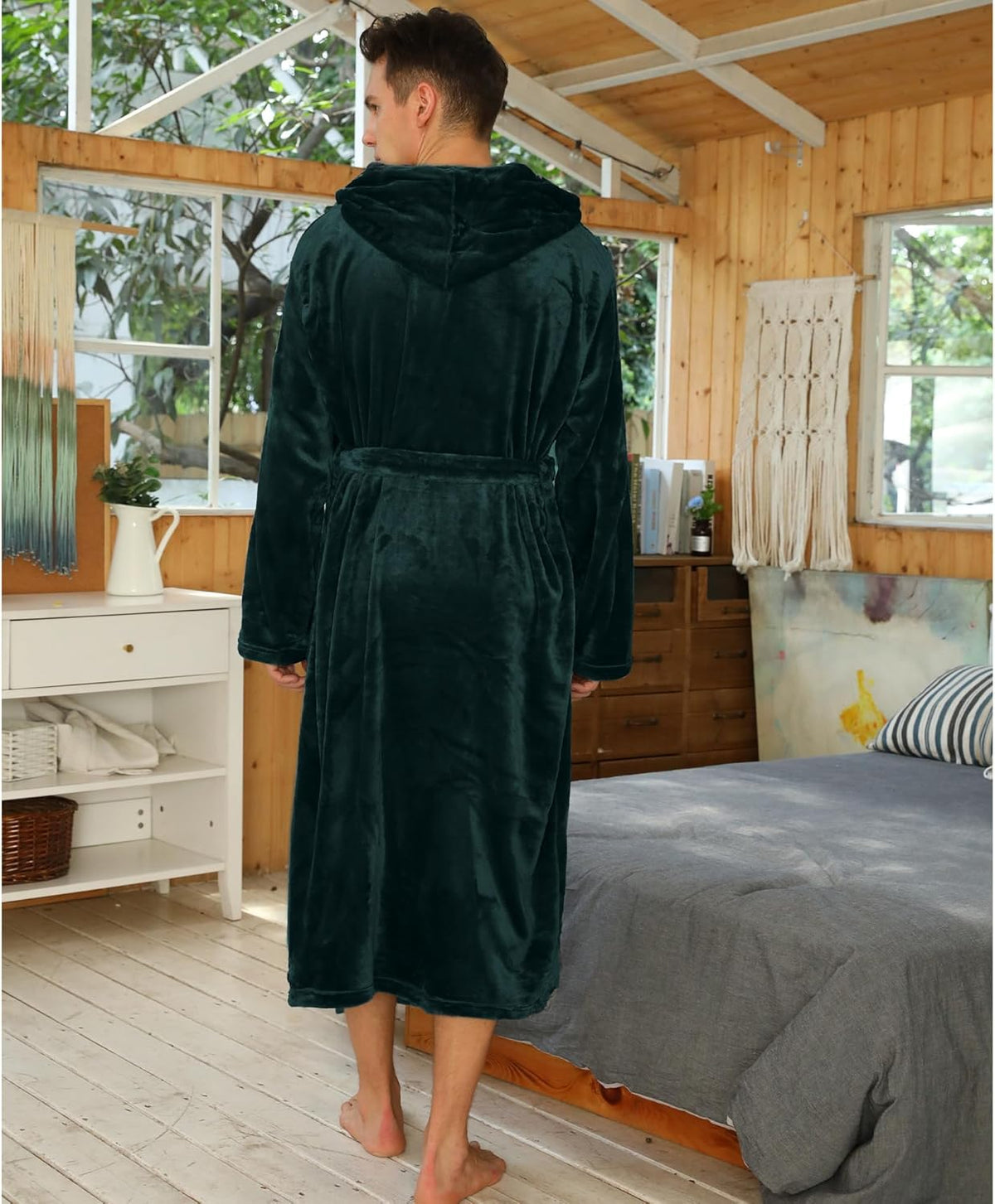NOUVEAU RICHE Fleece Bademantel Herren mit Kapuze – Weicher zweifarbiger Morgenmantel mit Taschen & Gürtel, waschbar, S–3XL – Calico