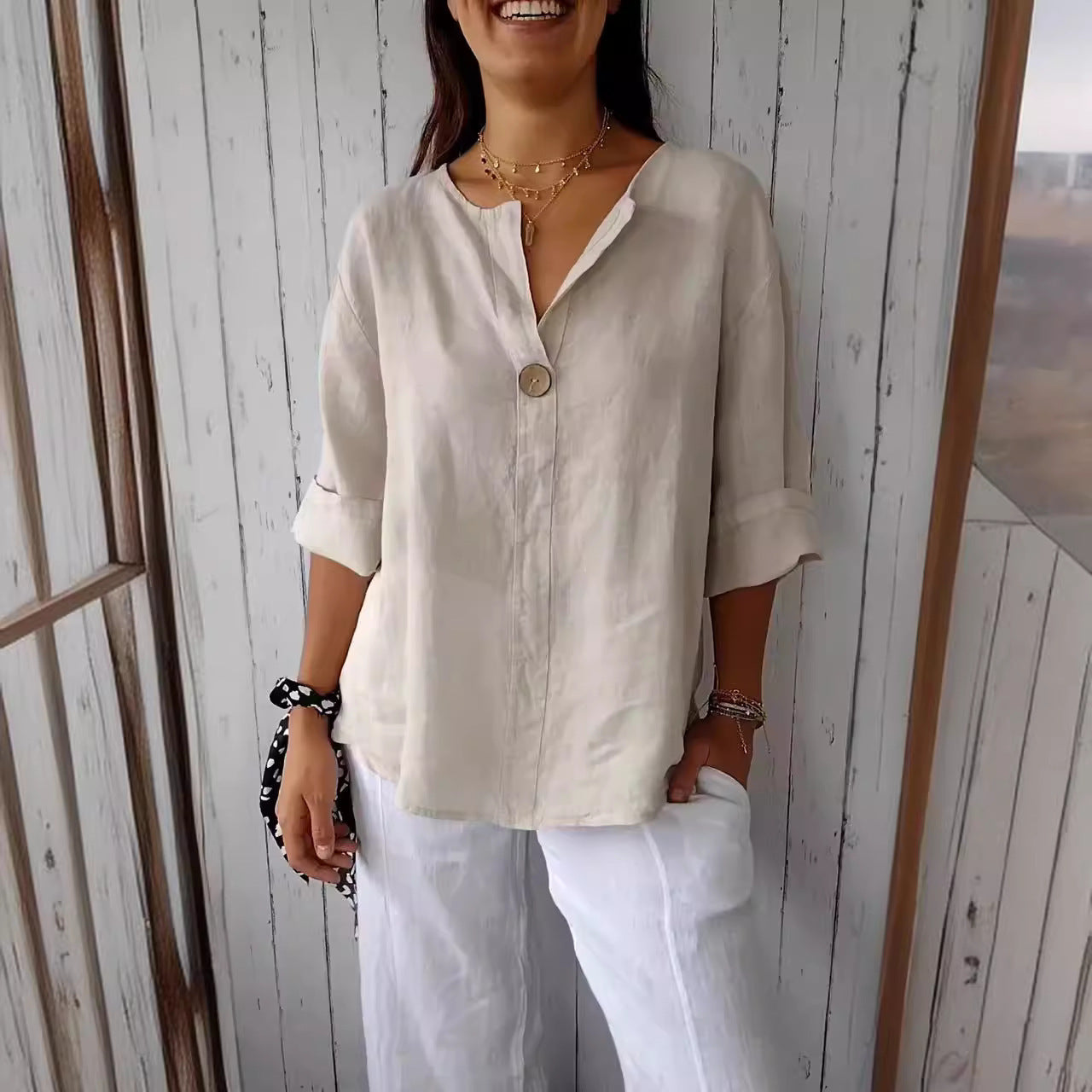 NOUVEAU RICHE Damen Bluse Lockerer Schnitt V-Ausschnitt 3/4 Ärmel Knopf Aprikose