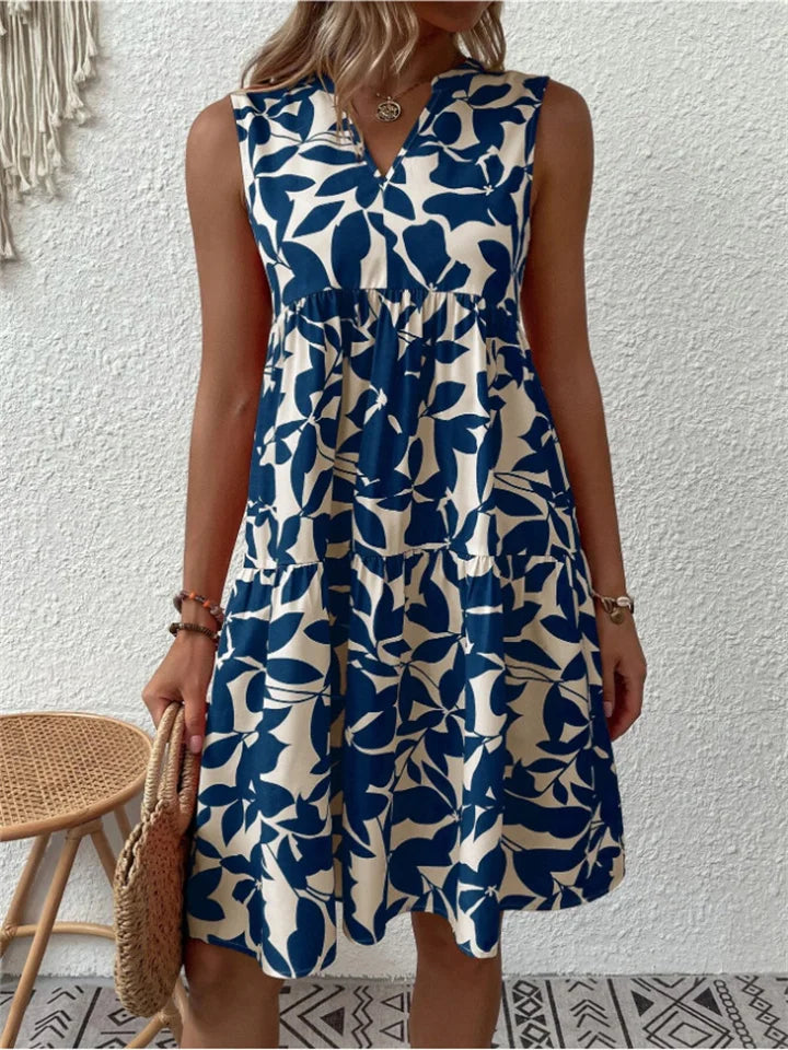 NOUVEAU RICHE Damen Sommerkleid Leichte Baumwolle Mit Blumenprint A Linie Blau