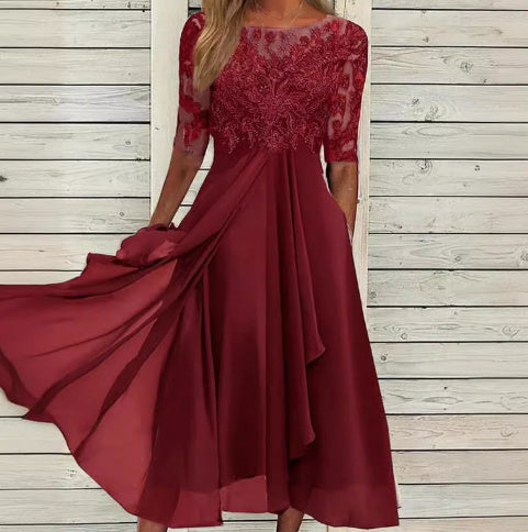 NOUVEAU RICHE Midikleid Chiffon Spitze Dreiviertelarm Festlich Abendkleid Dunkelrot