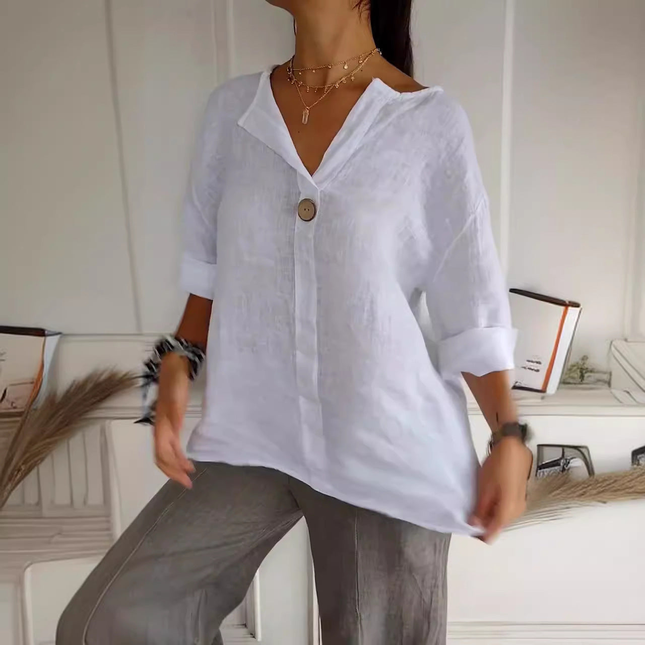 NOUVEAU RICHE Damen Bluse Lockerer Schnitt V-Ausschnitt 3/4 Ärmel Knopf