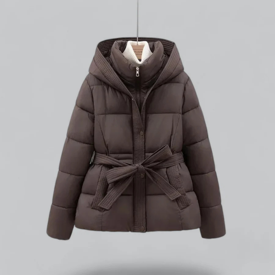 NOUVEAU RICHE Damen Winter-Pufferjacke Gürtel Und Kapuze Kurze Passform Kaffee