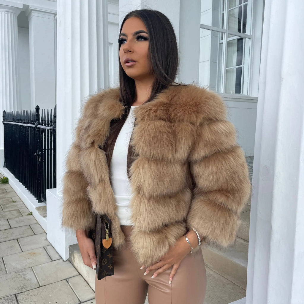NOUVEAU RICHE Lacy | Dame Kunstfell Jacke - Eleganter Webpelz Mantel & Kurzjacke aus Fake Fur