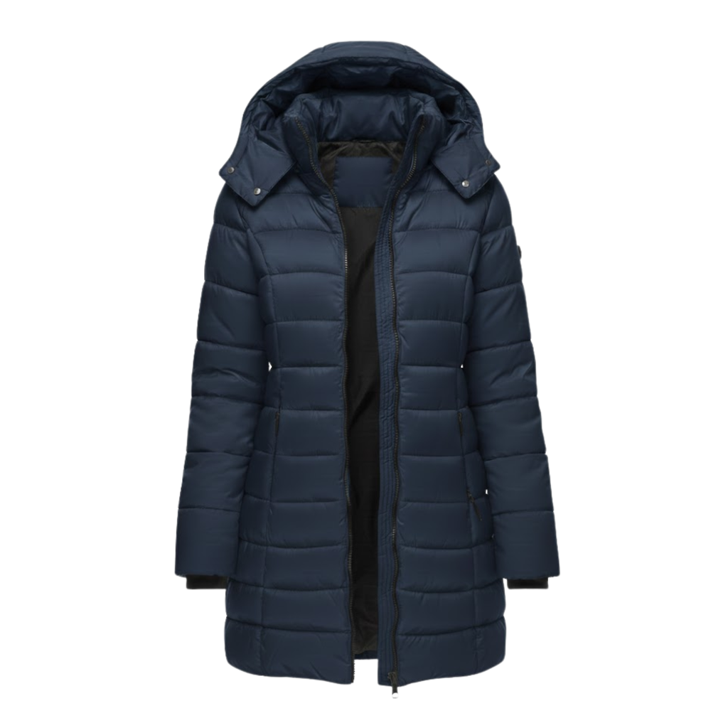 NOUVEAU RICHE Luna | Dame Mittellanger Steppparka mit Kapuze - Warmer Winterparka & Quiltet Mantel Marineblau