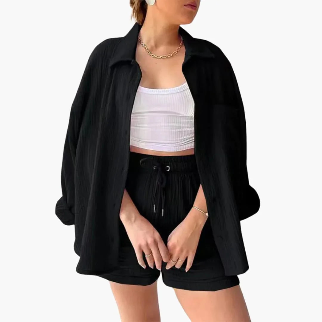 NOUVEAU RICHE Sommer Set Damen Zweiteilig Leichter Stoff Lockere Passform Schwarz