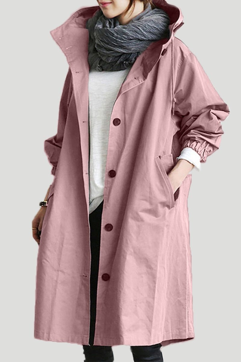NOUVEAU RICHE Damen Wasserdichter Trenchcoat Mit Kapuze Regenmantel Rosa