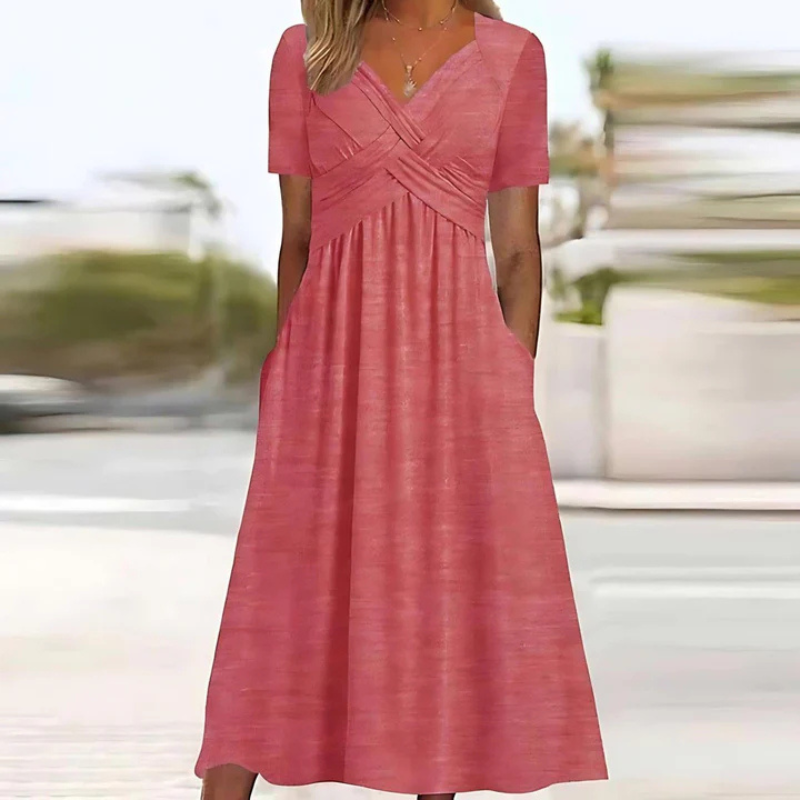 NOUVEAU RICHE Damen Weiches A-Linien-Kleid Mit V-Ausschnitt Midi Alltag Rosa