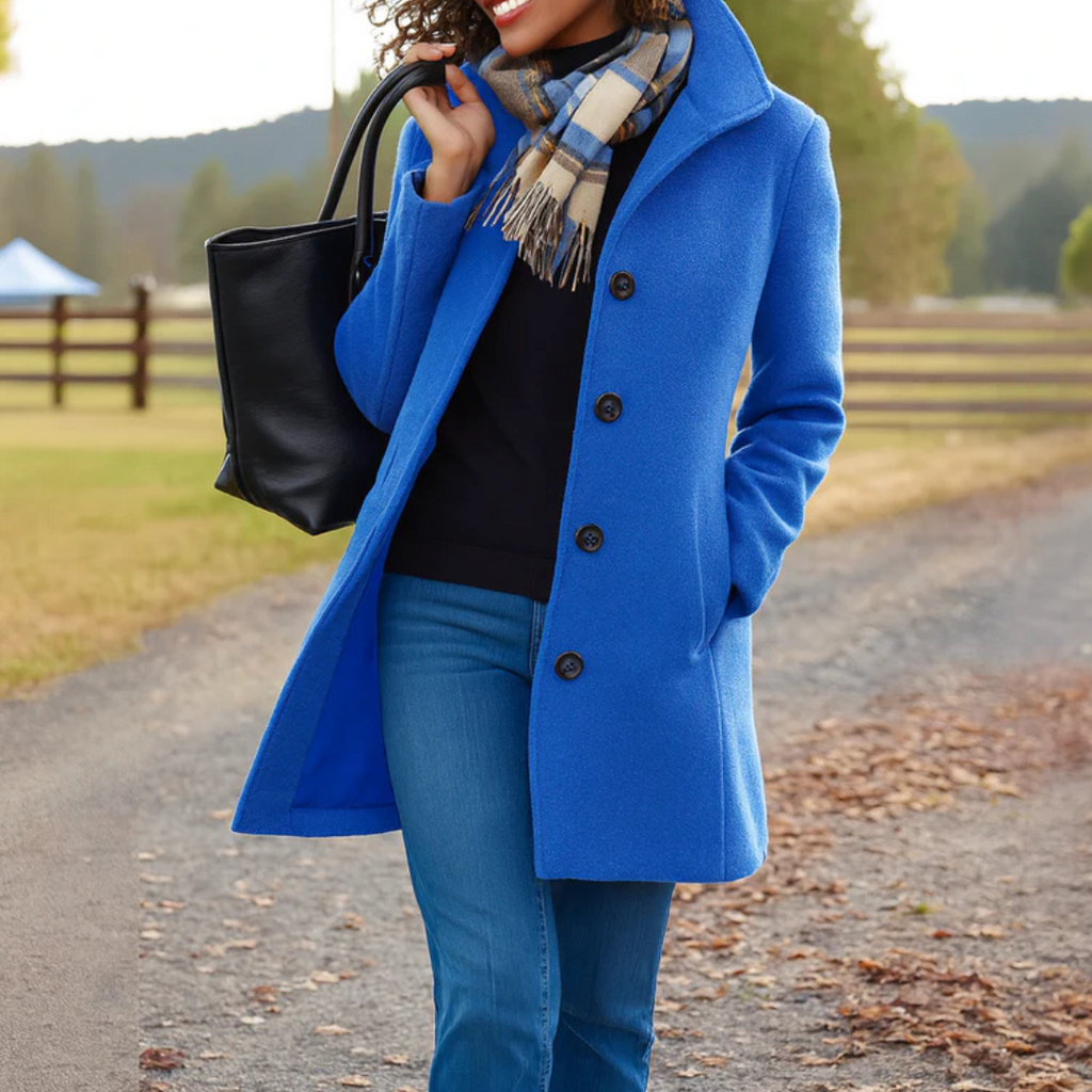 NOUVEAU RICHE Damen Klassischer Wintermantel mit Knopfleiste – Langer Mantel für Damen, elegant & warm, 10 Farben, S–3XL – Inspire Blau
