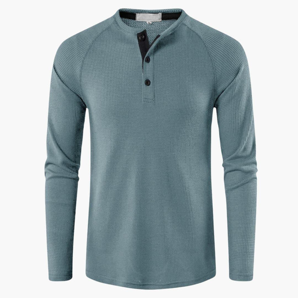 NOUVEAU RICHE Herren Henley Langarmshirt Mit Knopfleiste Natürliche Textur Hellblau