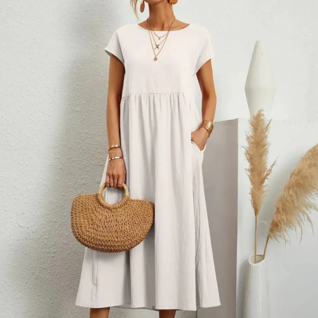 NOUVEAU RICHE Fließendes Baumwollkleid Leichtes Sommerkleid Beige Naturweiß
