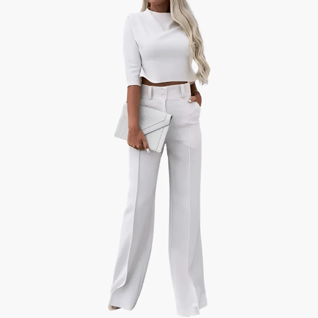 NOUVEAU RICHE Zweiteiler Damen Crop Top Set Weite Hose Hohe Taille Sommer Weiß