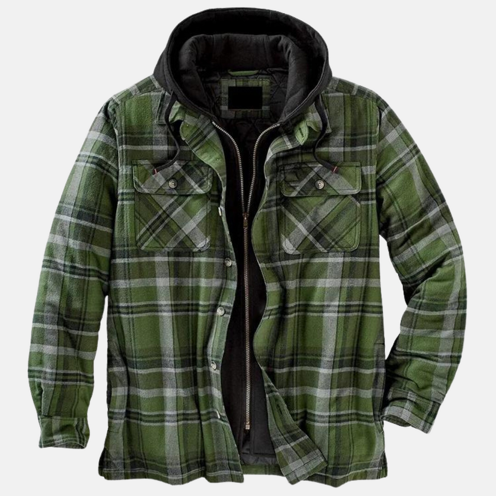 NOUVEAU RICHE Karierte Herrenjacke mit Kapuze – Hemdjacke mit gestepptem Futter & Reissverschluss, Overshirt, S–5XL – Calico Dunkelgrün