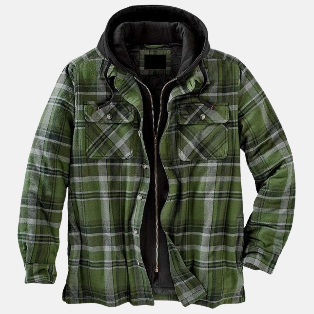 NOUVEAU RICHE Karierte Herrenjacke mit Kapuze – Hemdjacke mit gestepptem Futter & Reissverschluss, Overshirt, S–5XL – Calico Dunkelgrün