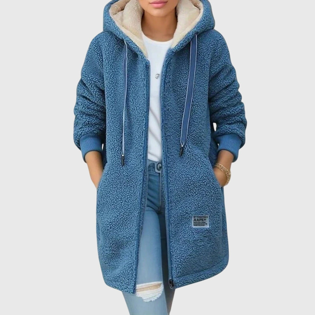NOUVEAU RICHE Teddyjacke Damen mit Kapuze – Warme Fleecejacke mit Reissverschluss & Taschen, lockere Passform, Blau, Rosa, Braun oder Grün – Dôre Blau