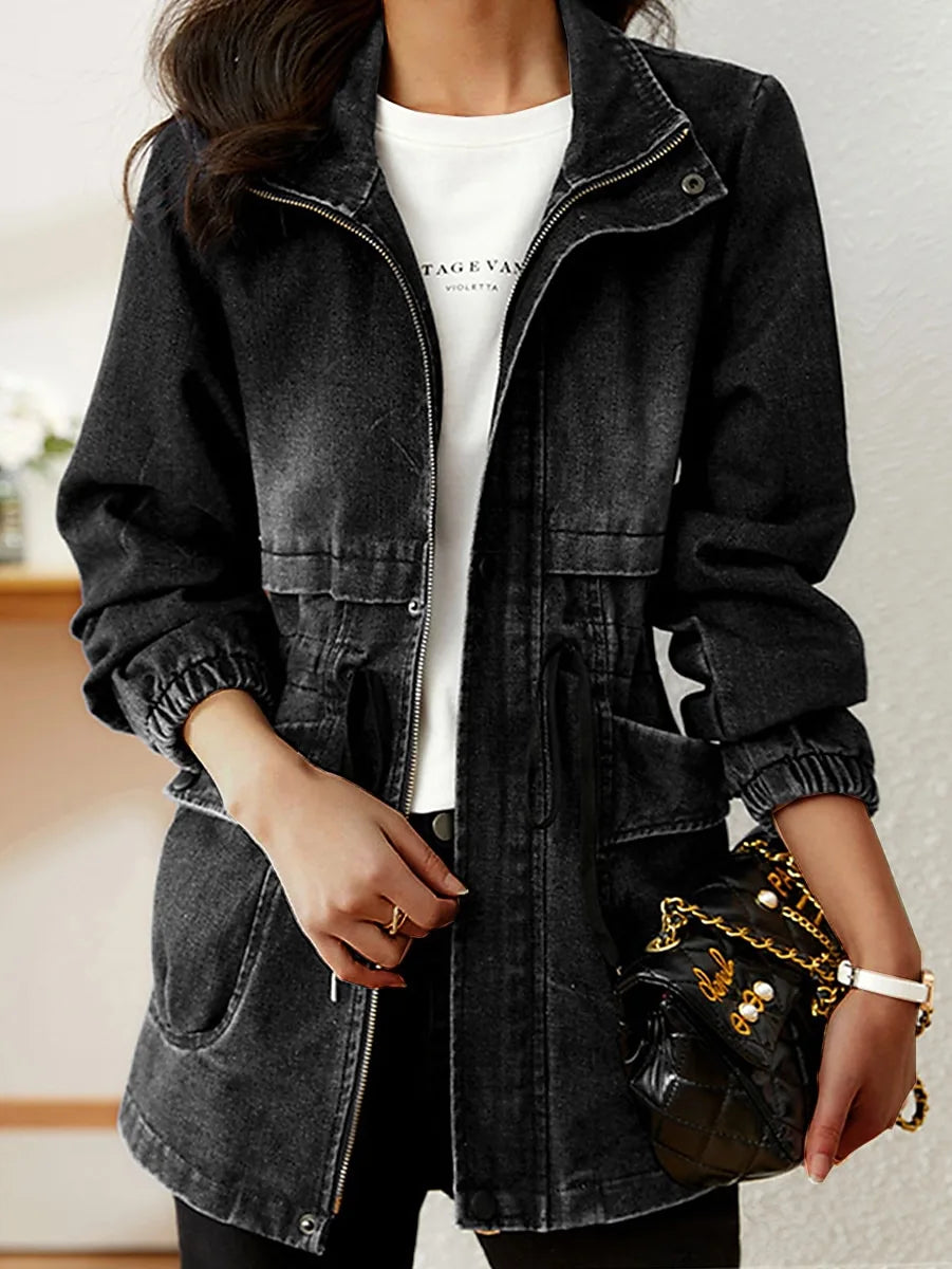 Damen Denim Jeansjacke Winddichte Mit Reißverschluss Zipper Taschen