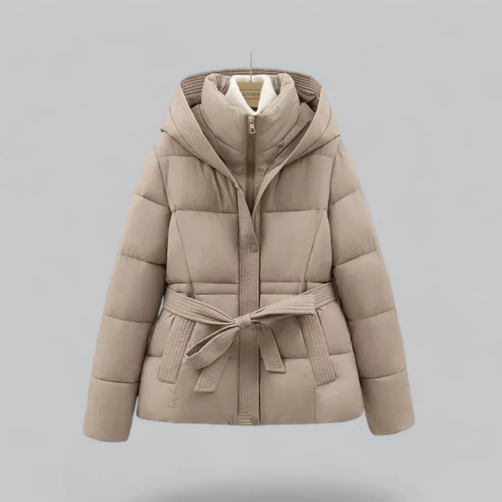 NOUVEAU RICHE Damen Winter-Pufferjacke Gürtel Und Kapuze Kurze Passform Khaki
