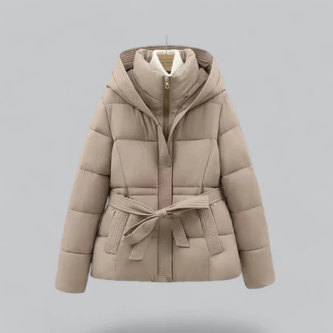 NOUVEAU RICHE Damen Winter-Pufferjacke Gürtel Und Kapuze Kurze Passform Khaki