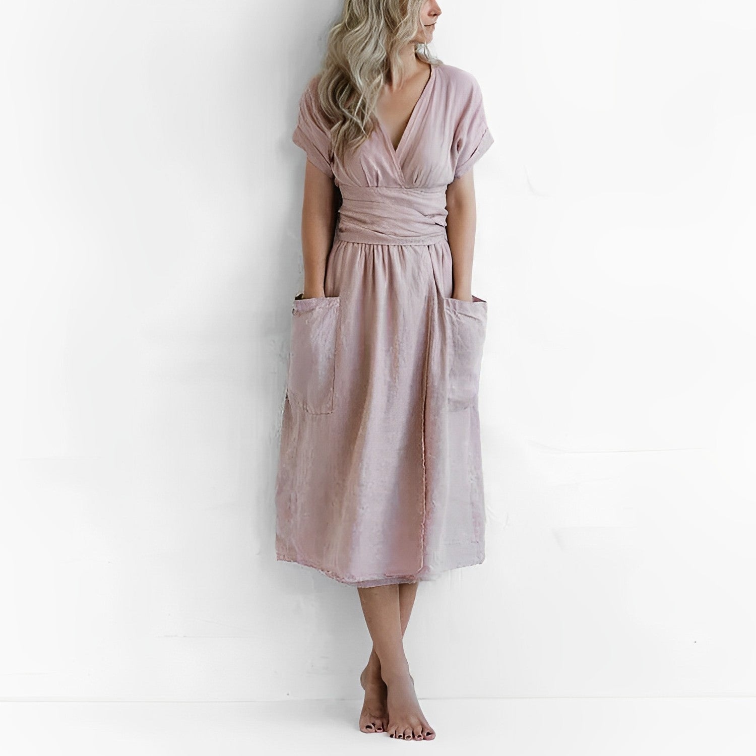 NOUVEAU RICHE Midikleid Mit Gürtel Seitentaschen V Ausschnitt Kimonoärmel Rosa