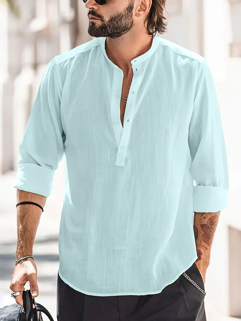 NOUVEAU RICHE Leinenhemd Herren Langarm Einfarbig Mit Knopfdetails Blau