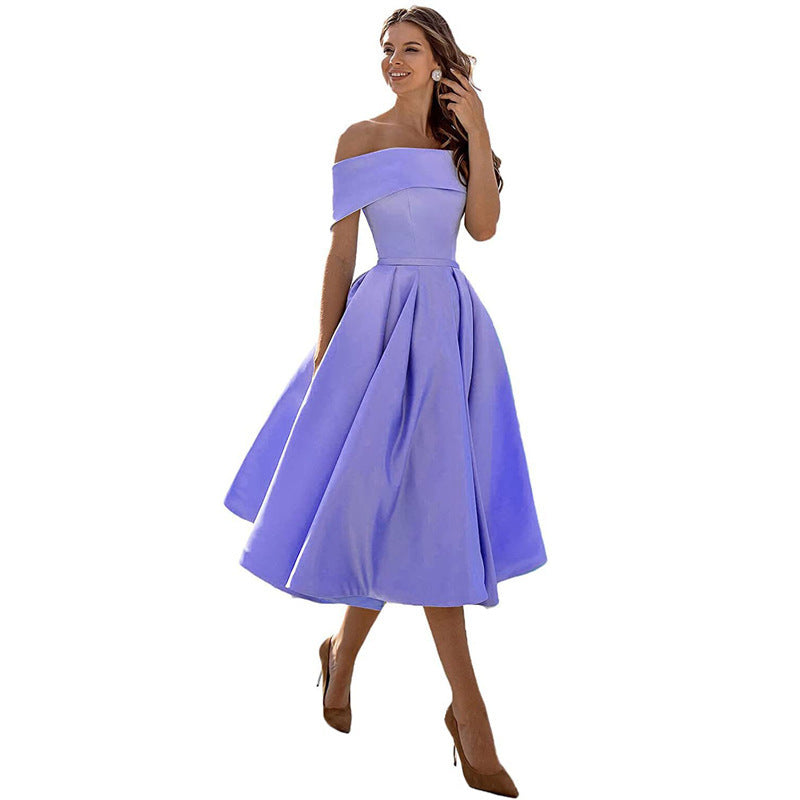 NOUVEAU RICHE Schulterfreies Satin Sommerkleid Damen Elegant Luftig A Linie Lavendel