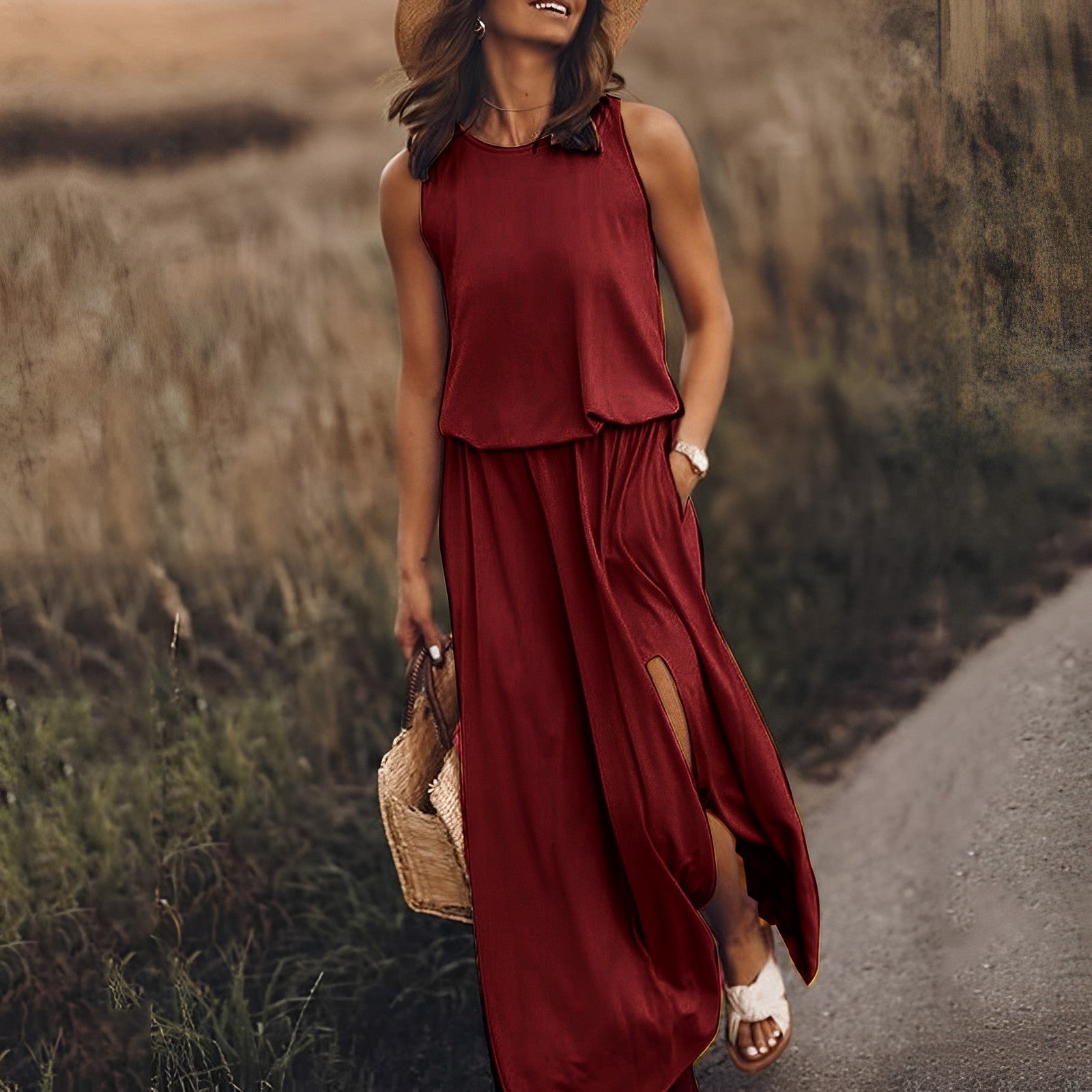 NOUVEAU RICHE Maxikleid Damen Boho Weiß Ohne Ärmel Schlitz Sommer Strand Burgunderrot