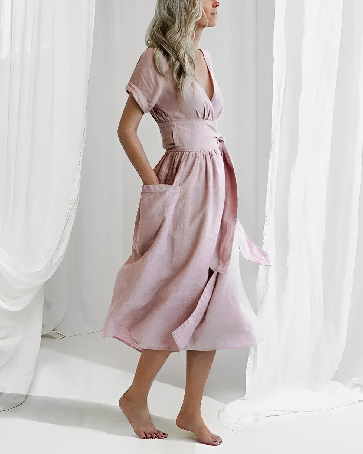 NOUVEAU RICHE Midikleid Mit Gürtel Seitentaschen V Ausschnitt Kimonoärmel