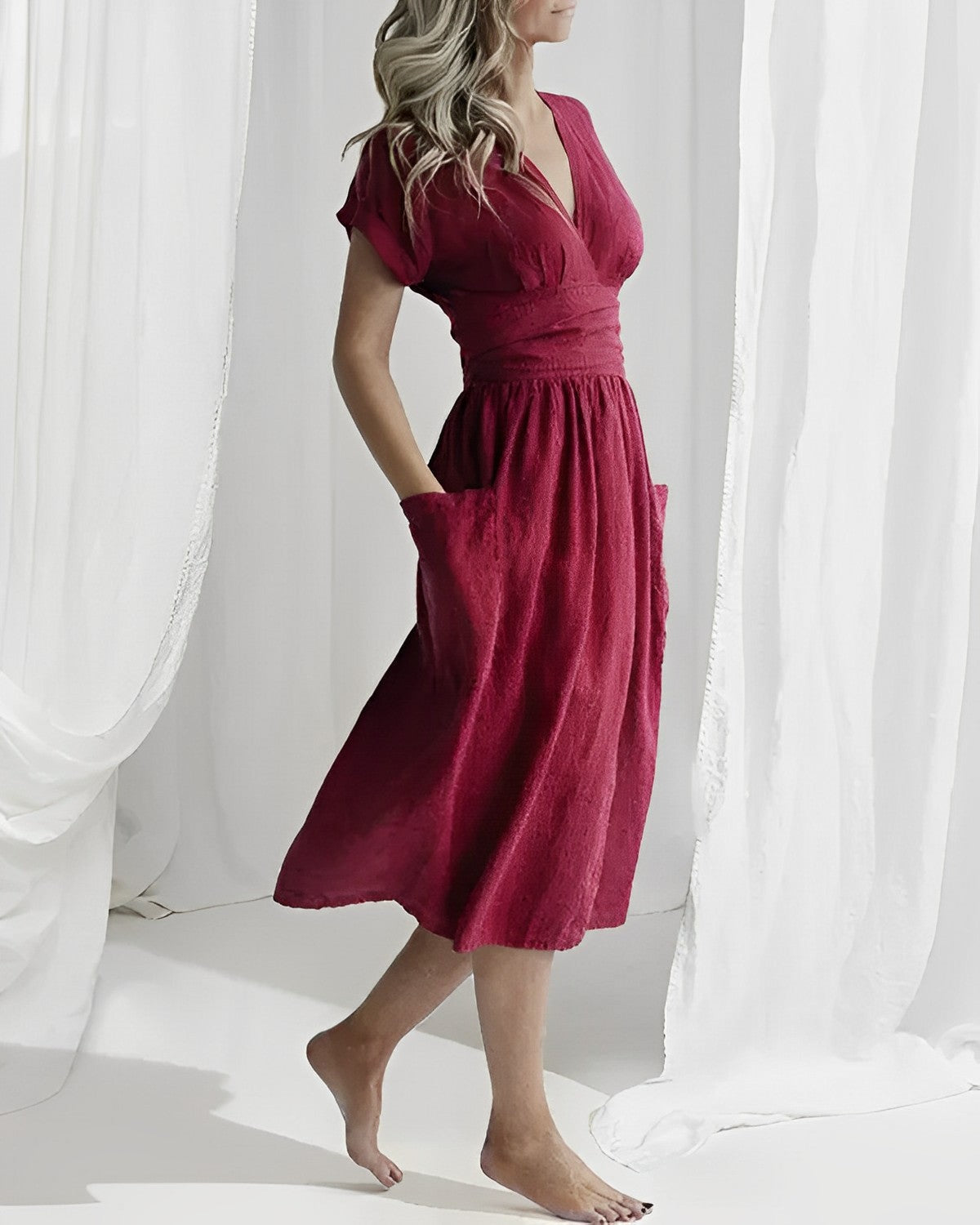 NOUVEAU RICHE Midikleid Mit Gürtel Seitentaschen V Ausschnitt Kimonoärmel