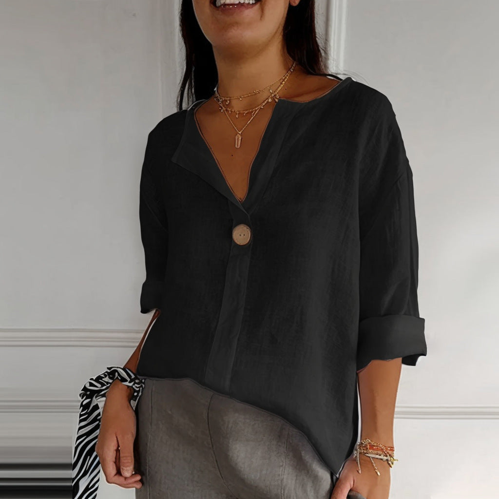 NOUVEAU RICHE Damen Bluse Lockerer Schnitt V-Ausschnitt 3/4 Ärmel Knopf Schwarz