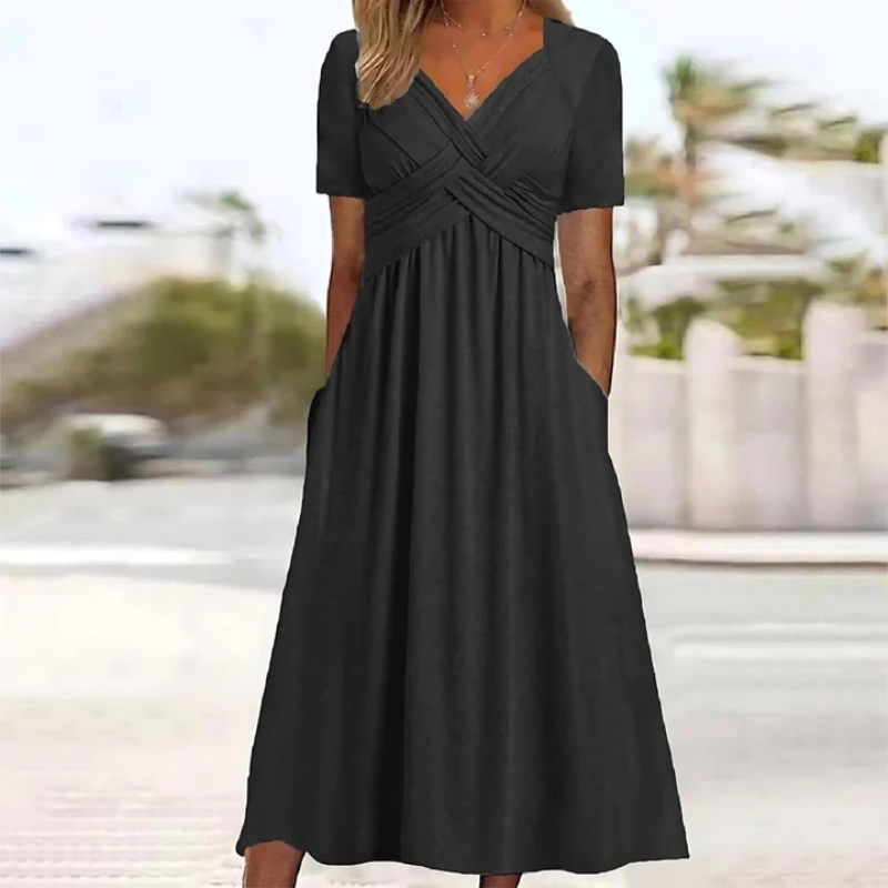 NOUVEAU RICHE Damen Weiches A-Linien-Kleid Mit V-Ausschnitt Midi Alltag Schwarz