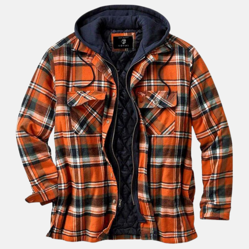 NOUVEAU RICHE Karierte Herrenjacke mit Kapuze – Hemdjacke mit gestepptem Futter & Reissverschluss, Overshirt, S–5XL – Calico Orange