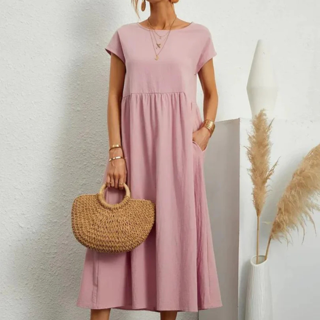 NOUVEAU RICHE Fließendes Baumwollkleid Leichtes Sommerkleid Beige Puderrosa