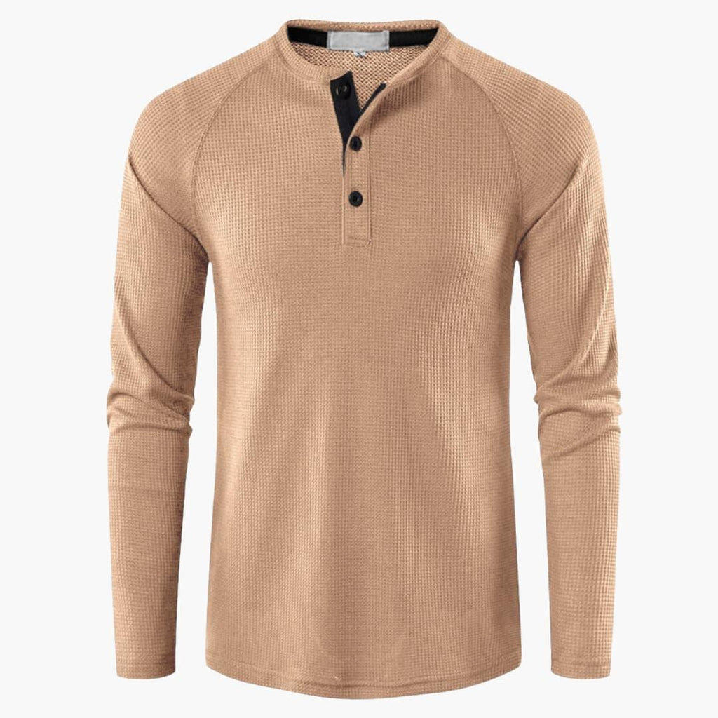 NOUVEAU RICHE Herren Henley Langarmshirt Mit Knopfleiste Natürliche Textur Aprikose