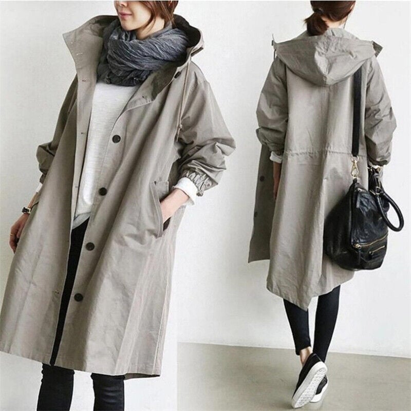 NOUVEAU RICHE Damen Wasserdichter Trenchcoat Mit Kapuze Regenmantel Aprikose