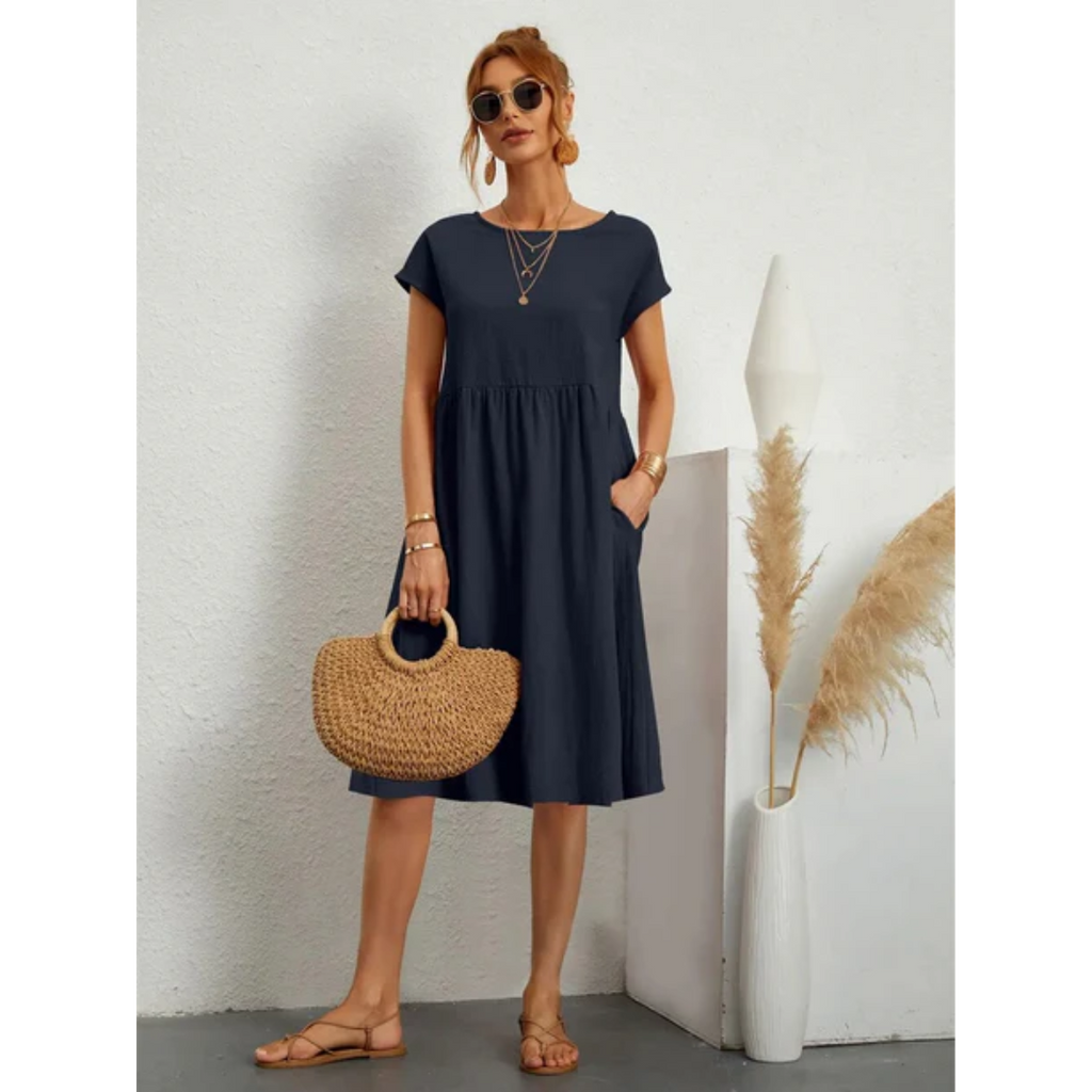 NOUVEAU RICHE Damen Elegantes Sommerkleid Mit Kurzen Ärmeln Für Damen Midi Marineblau