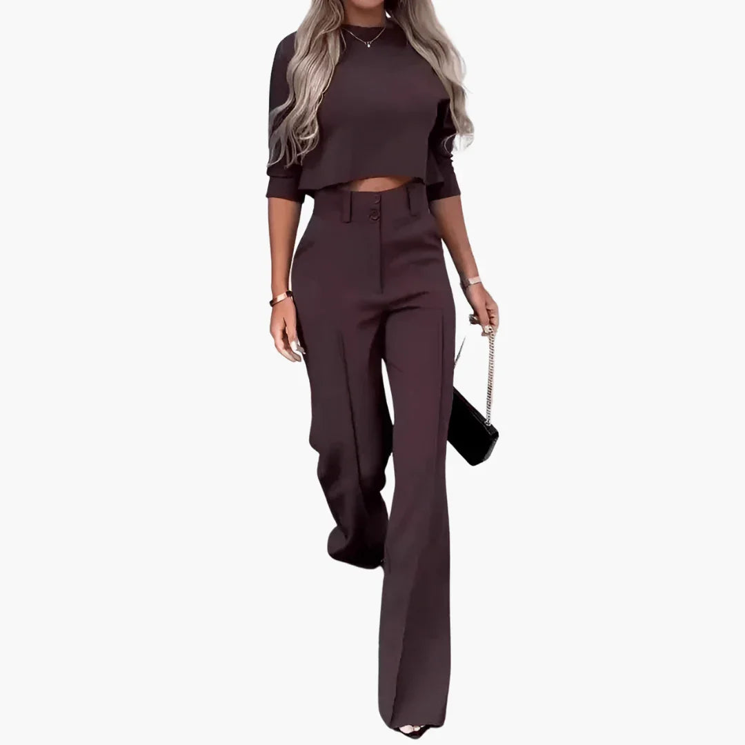 NOUVEAU RICHE Zweiteiler Damen Crop Top Set Weite Hose Hohe Taille Sommer Kastanienbraun
