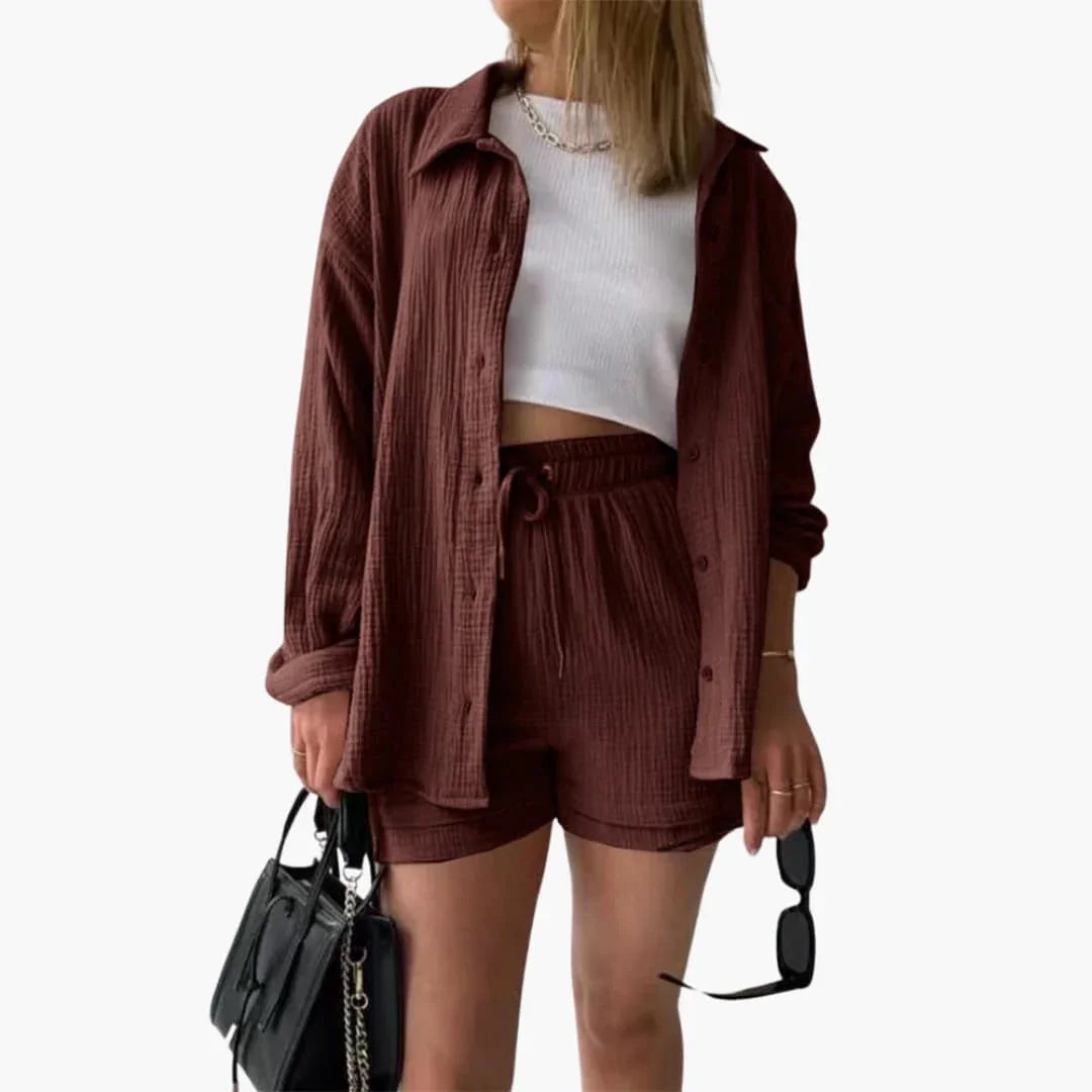 NOUVEAU RICHE Sommer Set Damen Zweiteilig Leichter Stoff Lockere Passform Braun
